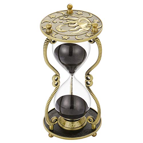 SuLiao Sanduhr, 60 Minuten: Sonne und Mond, Gravur, Messing, Sanduhr, Metall, schwarz, 60 Minuten, antike Reloj De Arena 1 Hora, großes 1 Stunde Glas-Sandglas für Geschenk, Schreibtisch, dekorativ von SuLiao