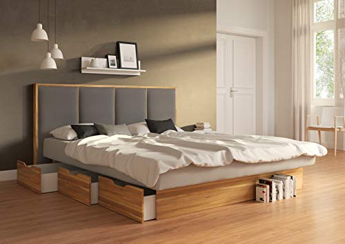 SuMa - Wasserbett doppelt 200x220 dual Schubkastenbett mit 6 Fächern Wildeiche Eiche und Kopfteil Quaddro, Farbe lightgrey 200x220 cm - 11 Farben wählbar von SuMa