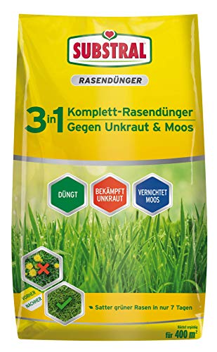 Substral 3 in 1 Komplett Rasendünger mit Unkrautvernichter und Moosvernichter, 14 kg für 400 m², grün von Substral