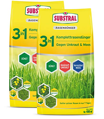 Substral 3 in 1 Komplett Rasendünger mit Unkrautvernichter und Moosvernichter, 28 kg für 800 m² von Substral