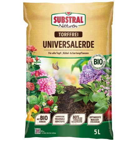 Substral Naturen Universalerde Bio & torffrei, für Zimmer-, Balkon und Kübelpflanzen, in Beeten und Rabatten, 5 L, Grün von Substral