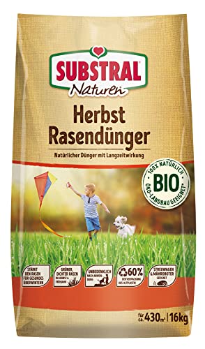 Substral Naturen Herbstrasendünger Bio f. 430 m², 16 kg, 100% natürliche Inhaltsstoffe, verbessert die Strapazierfähigkeit und stärkt den Rasen von Substral