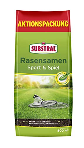 Substral Rasensamen Sport und Spiel, strapazierfähige Rasensaat-Mischung mit Grünfärbung gegen Vogelfraß, 10kg, 500m² von Substral