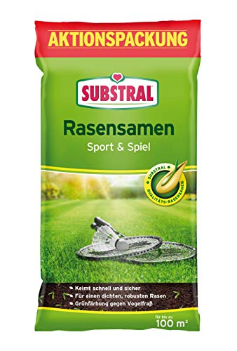 Substral Rasensamen Sport und Spiel, strapazierfähige Rasensaat-Mischung mit Grünfärbung gegen Vogelfraß, 2kg, 100m² von Substral