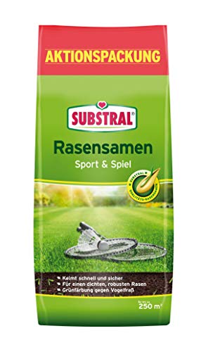 Substral Rasensamen Sport und Spiel, strapazierfähige Rasensaat-Mischung mit Grünfärbung gegen Vogelfraß, 5kg, 250m² von Substral