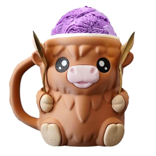 Sucritude Eisbecher Halter Kuh, Highland Cow Ice Pint Holder, Ice Cream Container Carton, Anti-Freeze Hände Eisbecher Mit Löffel, Wiederverwendbarer Eiscreme Pint Hülle Für Cream Containers von Sucritude
