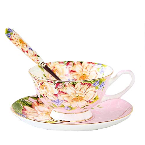 Teeset aus feinstem Porzellan mit Goldrand im alten Stil, bestehend aus Tasse, Untertasse und Löffel mit Geschenkverpackung; Tischkultur und Tischdekoration Pink Rose von SudaTek
