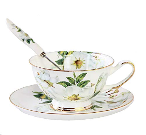 Teeset aus feinstem Porzellan mit Goldrand im alten Stil, bestehend aus Tasse, Untertasse und Löffel mit Geschenkverpackung; Tischkultur und Tischdekoration White Camellia von SudaTek