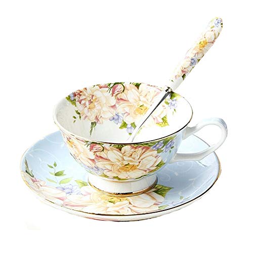 Teeset aus feinstem Porzellan mit Goldrand im alten Stil, bestehend aus Tasse, Untertasse und Löffel mit Geschenkverpackung; Tischkultur und Tischdekoration blau/rosa von SudaTek