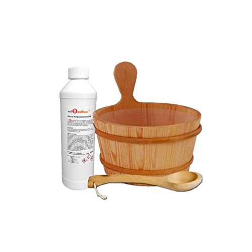 SAUNA SET - HOLZKÜBEL 4L, SCHÖPFKELLE 40 CM, well2wellness EUKALYPTUS DUFT 500 ML von SudoreWell