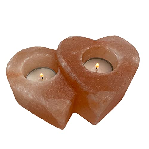 SudoreWell® Doppelherz hoch/tief Kerzenhalter Teelichthalter Teelicht für 2 Kerzen aus rosa Steinsalz hergestellt in der Salt Range Pakistan von SudoreWell