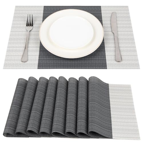SueH Design Gewebte Platzdeckchen Abwaschbar 8er Set Vinyl Hitzebeständig Platzsets Tischsets 45cm x 30cm, Grau von SueH Design