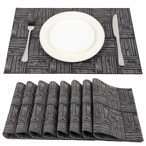 SueH Design Gewebte Platzdeckchen Abwaschbar Platzsets 8er Set Vinyl Hitzebeständig Tischsets 45cm x 30cm, Schwarz von SueH Design