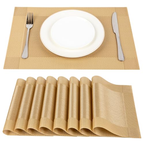 SueH Design Gewebte Platzsets Tischsets 8er Set Vinyl Hitzebeständig Platzdeckchen Abwaschbar 45cm x 30cm, Gold von SueH Design