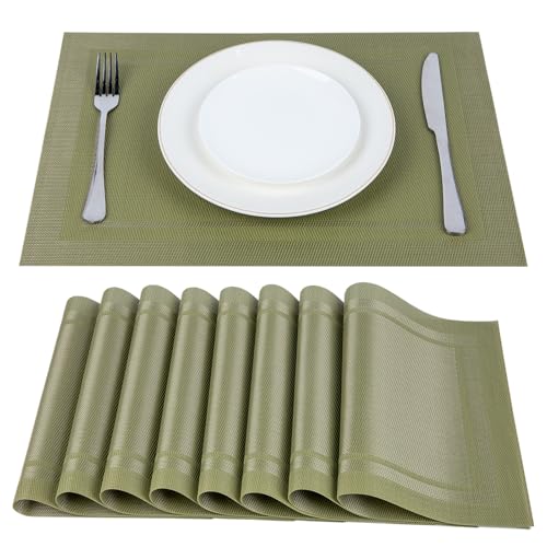 SueH Design Gewebte Platzsets Tischsets 8er Set Vinyl Hitzebeständig Platzdeckchen Abwaschbar 45cm x 30cm, Olivgrün von SueH Design