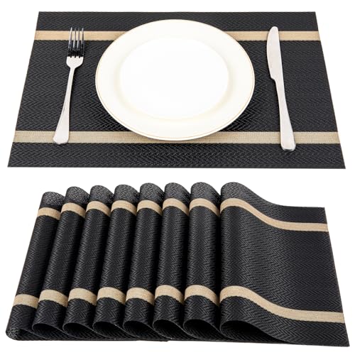 SueH Design Gewebte Platzsets Tischsets 8er Set Vinyl Hitzebeständig Platzdeckchen Abwaschbar Tischsets 45cm x 30cm, Schwarz von SueH Design