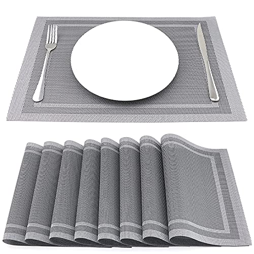 SueH Design Gewebte Platzsets Tischsets 8er Set Vinyl Hitzebeständig Platzdeckchen Antifouling und Waschbar 45 cm * 30 cm, Grau und Silber von SueH Design