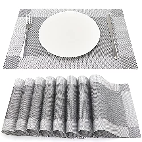 SueH Design Gewebte Platzsets Tischsets 8er Set Vinyl Hitzebeständig Platzdeckchen Antifouling und Waschbar 45 cm * 30 cm, Hellgrau von SueH Design