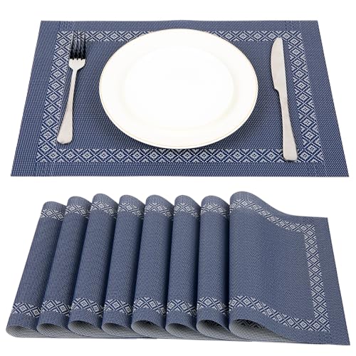 SueH Design Gewebte Tischsets Platzsets 8er Set Vinyl Hitzebeständig Platzdeckchen Abwaschbar 45cm x 30cm, Dunkelblau von SueH Design