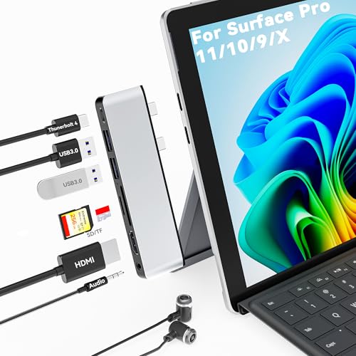 Surface Pro 11/10/9/X Docking Station, Surface Pro 11 USB Hub mit 4K HDMI, USB-C Thunerbolt 4 (8K Video+Daten+100W PD), 2*USB 3.0, 3,5mm Audio, SD/TF, Surface Pro Copilot 11 Hdmi Adapter von Suejezt