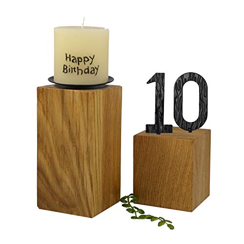 SünGross 2er Set Edelholz Leuchter 7x7x8 cm und 9x9x10cm, Oberfläche Eiche geölt, mit Zahlen aus Metall und Kerze Happy Birthday 6cm und Metall Kerzenteller, zum 10. Geburtstag von SünGross