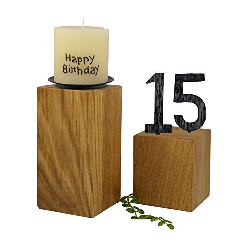 SünGross 2er Set Edelholz Leuchter 7x7x8 cm und 9x9x10cm, Oberfläche Eiche geölt, mit Zahlen aus Metall und Kerze Happy Birthday 6cm und Metall Kerzenteller, zum 15. Geburtstag von SünGross