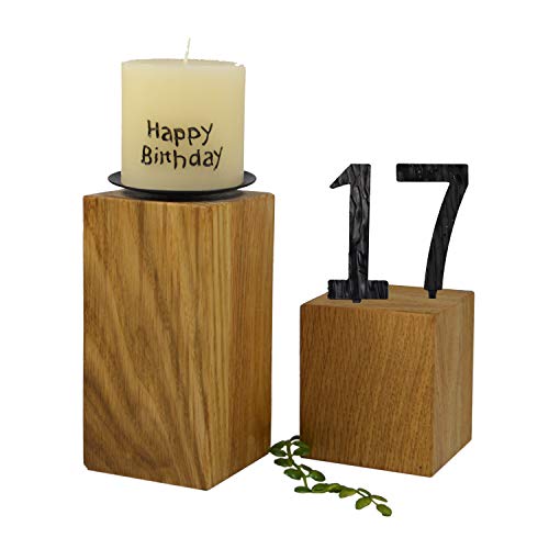 SünGross 2er Set Edelholz Leuchter 7x7x8 cm und 9x9x10cm, Oberfläche Eiche geölt, mit Zahlen aus Metall und Kerze Happy Birthday 6cm und Metall Kerzenteller, zum 17. Geburtstag von SünGross