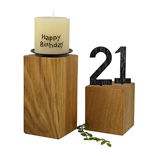 SünGross 2er Set Edelholz Leuchter 7x7x8 cm und 9x9x10cm, Oberfläche Eiche geölt, mit Zahlen aus Metall und Kerze Happy Birthday 6cm und Metall Kerzenteller, zum 21. Geburtstag von SünGross