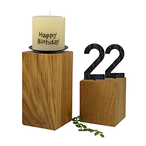 SünGross 2er Set Edelholz Leuchter 7x7x8 cm und 9x9x10cm, Oberfläche Eiche geölt, mit Zahlen aus Metall und Kerze Happy Birthday 6cm und Metall Kerzenteller, zum 22. Geburtstag von SünGross