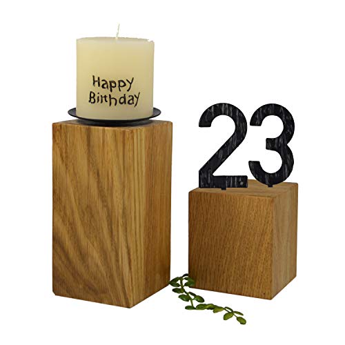 SünGross 2er Set Edelholz Leuchter 7x7x8 cm und 9x9x10cm, Oberfläche Eiche geölt, mit Zahlen aus Metall und Kerze Happy Birthday 6cm und Metall Kerzenteller, zum 23. Geburtstag von SünGross