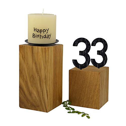 SünGross 2er Set Edelholz Leuchter 7x7x8 cm und 9x9x10cm, Oberfläche Eiche geölt, mit Zahlen aus Metall und Kerze Happy Birthday 6cm und Metall Kerzenteller, zum 33. Geburtstag von SünGross