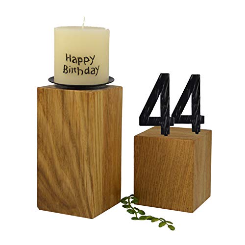 SünGross 2er Set Edelholz Leuchter 7x7x8 cm und 9x9x10cm, Oberfläche Eiche geölt, mit Zahlen aus Metall und Kerze Happy Birthday 6cm und Metall Kerzenteller, zum 44. Geburtstag von SünGross