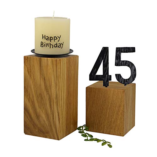 SünGross 2er Set Edelholz Leuchter 7x7x8 cm und 9x9x10cm, Oberfläche Eiche geölt, mit Zahlen aus Metall und Kerze Happy Birthday 6cm und Metall Kerzenteller, zum 45. Geburtstag von SünGross