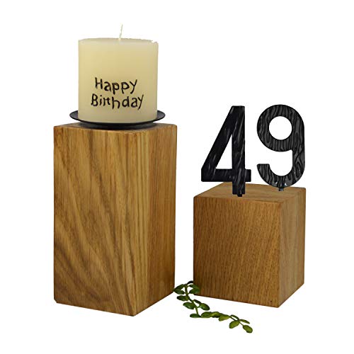 SünGross 2er Set Edelholz Leuchter 7x7x8 cm und 9x9x10cm, Oberfläche Eiche geölt, mit Zahlen aus Metall und Kerze Happy Birthday 6cm und Metall Kerzenteller, zum 49. Geburtstag von SünGross