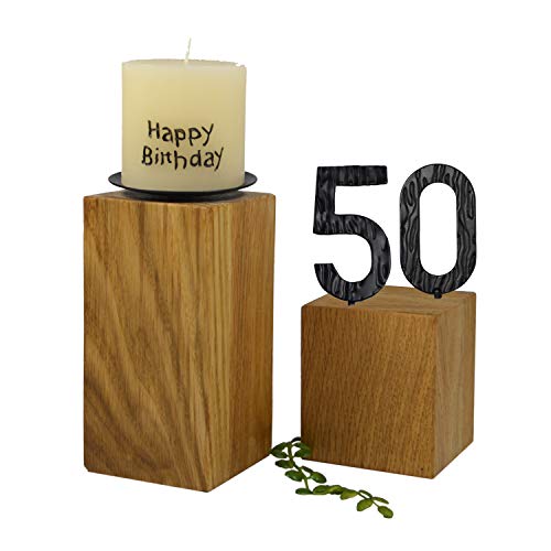 SünGross 2er Set Edelholz Leuchter 7x7x8 cm und 9x9x10cm, Oberfläche Eiche geölt, mit Zahlen aus Metall und Kerze Happy Birthday 6cm und Metall Kerzenteller, zum 50. Geburtstag von SünGross