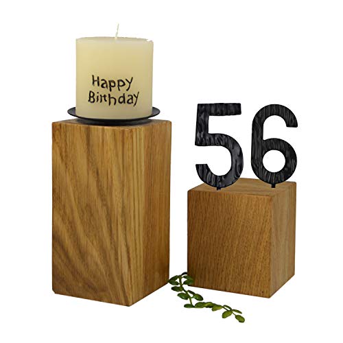 SünGross 2er Set Edelholz Leuchter 7x7x8 cm und 9x9x10cm, Oberfläche Eiche geölt, mit Zahlen aus Metall und Kerze Happy Birthday 6cm und Metall Kerzenteller, zum 56. Geburtstag von SünGross