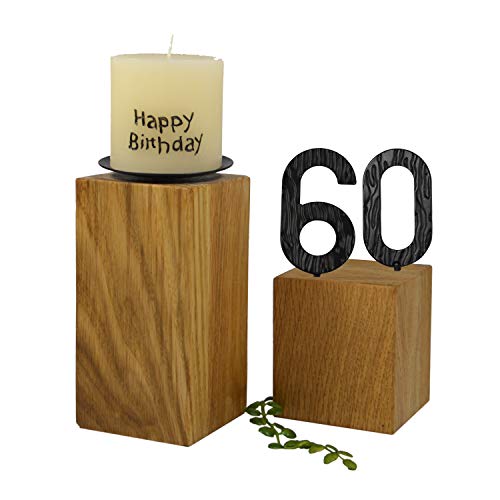 SünGross 2er Set Edelholz Leuchter 7x7x8 cm und 9x9x10cm, Oberfläche Eiche geölt, mit Zahlen aus Metall und Kerze Happy Birthday 6cm und Metall Kerzenteller, zum 60. Geburtstag von SünGross