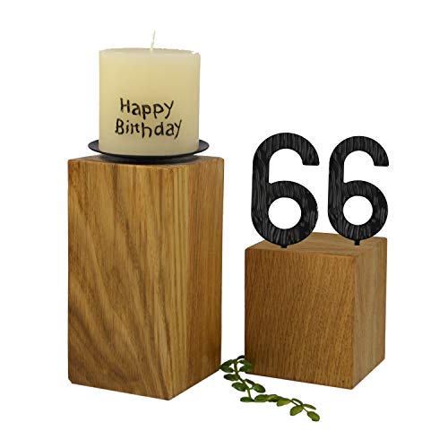 SünGross 2er Set Edelholz Leuchter 7x7x8 cm und 9x9x10cm, Oberfläche Eiche geölt, mit Zahlen aus Metall und Kerze Happy Birthday 6cm und Metall Kerzenteller, zum 66. Geburtstag von SünGross