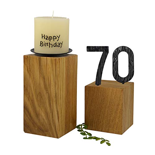 SünGross 2er Set Edelholz Leuchter 7x7x8 cm und 9x9x10cm, Oberfläche Eiche geölt, mit Zahlen aus Metall und Kerze Happy Birthday 6cm und Metall Kerzenteller, zum 70. Geburtstag von SünGross