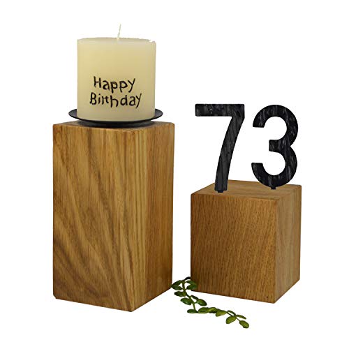 SünGross 2er Set Edelholz Leuchter 7x7x8 cm und 9x9x10cm, Oberfläche Eiche geölt, mit Zahlen aus Metall und Kerze Happy Birthday 6cm und Metall Kerzenteller, zum 73. Geburtstag von SünGross