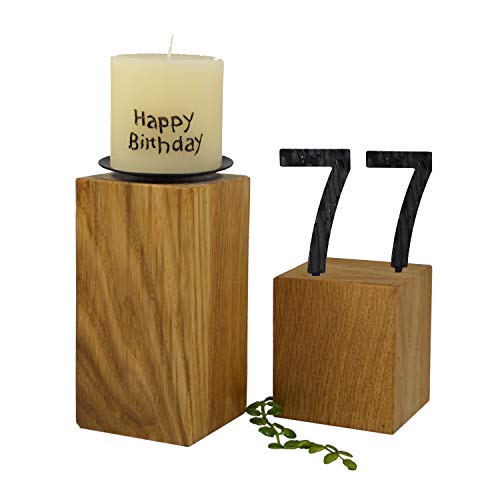 SünGross 2er Set Edelholz Leuchter 7x7x8 cm und 9x9x10cm, Oberfläche Eiche geölt, mit Zahlen aus Metall und Kerze Happy Birthday 6cm und Metall Kerzenteller, zum 77. Geburtstag von SünGross