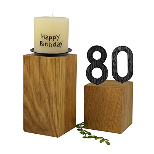 SünGross 2er Set Edelholz Leuchter 7x7x8 cm und 9x9x10cm, Oberfläche Eiche geölt, mit Zahlen aus Metall und Kerze Happy Birthday 6cm und Metall Kerzenteller, zum 80. Geburtstag von SünGross