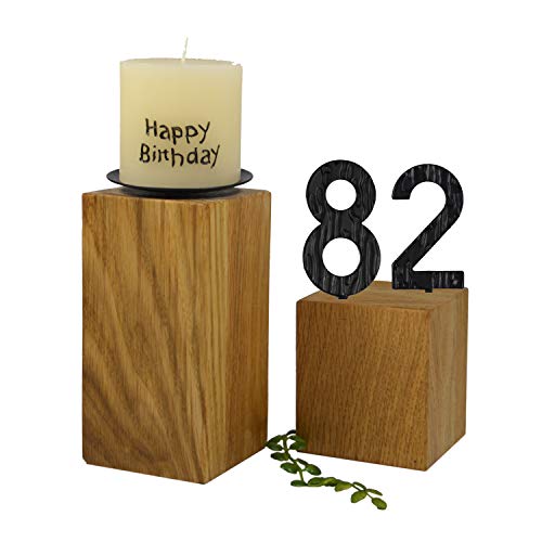 SünGross 2er Set Edelholz Leuchter 7x7x8 cm und 9x9x10cm, Oberfläche Eiche geölt, mit Zahlen aus Metall und Kerze Happy Birthday 6cm und Metall Kerzenteller, zum 82. Geburtstag von SünGross
