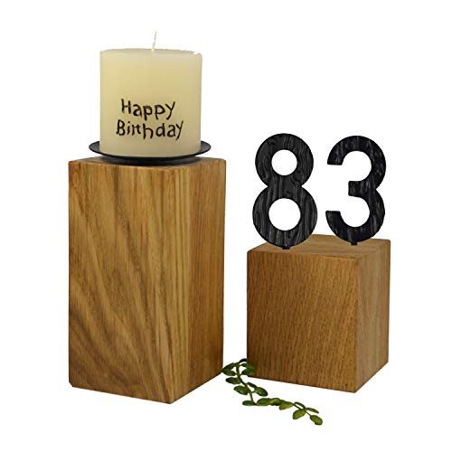 SünGross 2er Set Edelholz Leuchter 7x7x8 cm und 9x9x10cm, Oberfläche Eiche geölt, mit Zahlen aus Metall und Kerze Happy Birthday 6cm und Metall Kerzenteller, zum 83. Geburtstag von SünGross