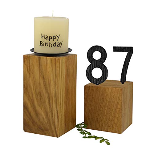 SünGross 2er Set Edelholz Leuchter 7x7x8 cm und 9x9x10cm, Oberfläche Eiche geölt, mit Zahlen aus Metall und Kerze Happy Birthday 6cm und Metall Kerzenteller, zum 87. Geburtstag von SünGross