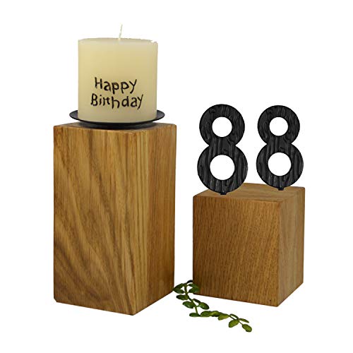 SünGross 2er Set Edelholz Leuchter 7x7x8 cm und 9x9x10cm, Oberfläche Eiche geölt, mit Zahlen aus Metall und Kerze Happy Birthday 6cm und Metall Kerzenteller, zum 88. Geburtstag von SünGross