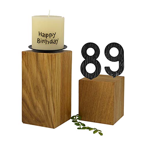 SünGross 2er Set Edelholz Leuchter 7x7x8 cm und 9x9x10cm, Oberfläche Eiche geölt, mit Zahlen aus Metall und Kerze Happy Birthday 6cm und Metall Kerzenteller, zum 89. Geburtstag von SünGross