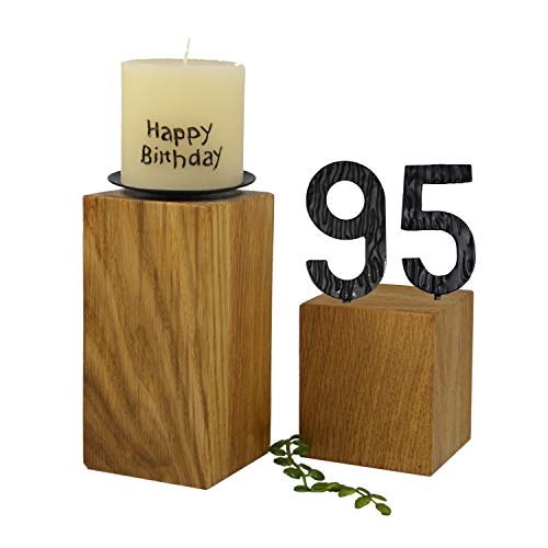 SünGross 2er Set Edelholz Leuchter 7x7x8 cm und 9x9x10cm, Oberfläche Eiche geölt, mit Zahlen aus Metall und Kerze Happy Birthday 6cm und Metall Kerzenteller, zum 95. Geburtstag von SünGross