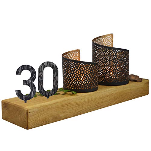 SünGross Holz Leuchter aus Eiche 10x35x4cm mit Wunschzahl und 2 Deko Windlichter zum 30. Geburtstag von SünGross