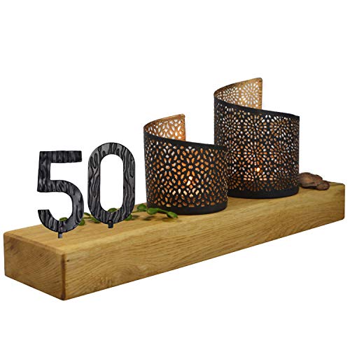 SünGross Holz Leuchter aus Eiche 10x35x4cm mit Wunschzahl und 2 Deko Windlichter zum 50. Geburtstag von SünGross